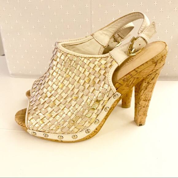 Elliott Lucia Leon Angelina Metallic Leather Woven Heel Gold Platform Sandals 10 - Picture 1 of 13